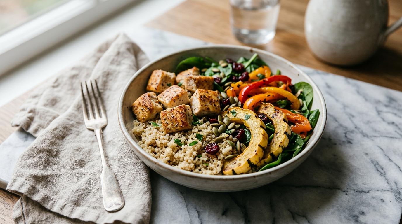 A bowl of quinoa topped with seasoned chicken, roasted delicata squash, bell peppers, walnuts, dried cranberries and blue cheese, drizzled with vinaigrette
