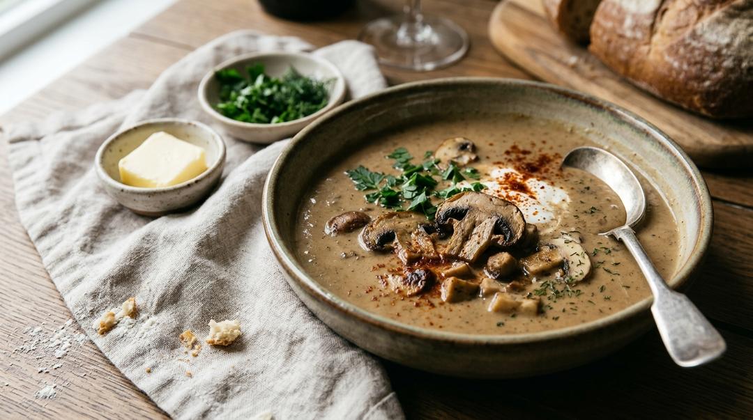 A bowl of creamy, reddish-brown Hungarian mushroom soup topped with sour cream and fresh dill