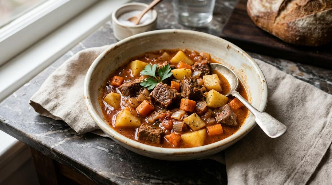 A pot of Turkish tas kebab, tender braised meat in a glossy sauce, ready to serve