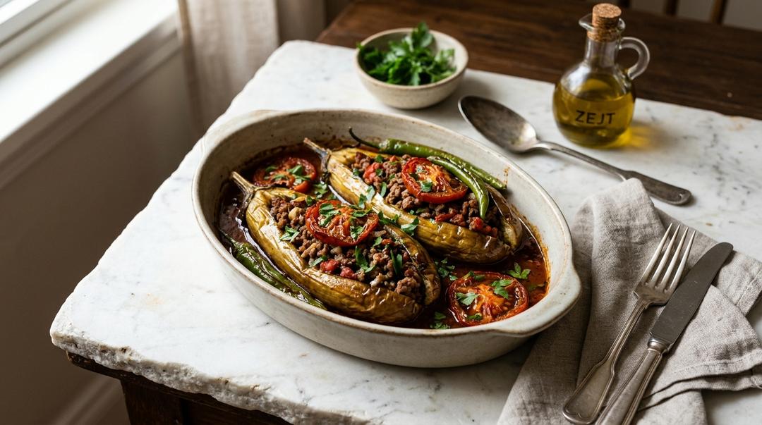 Whole eggplants split lengthwise and filled with a spiced ground meat and tomato mixture in a baking dish
