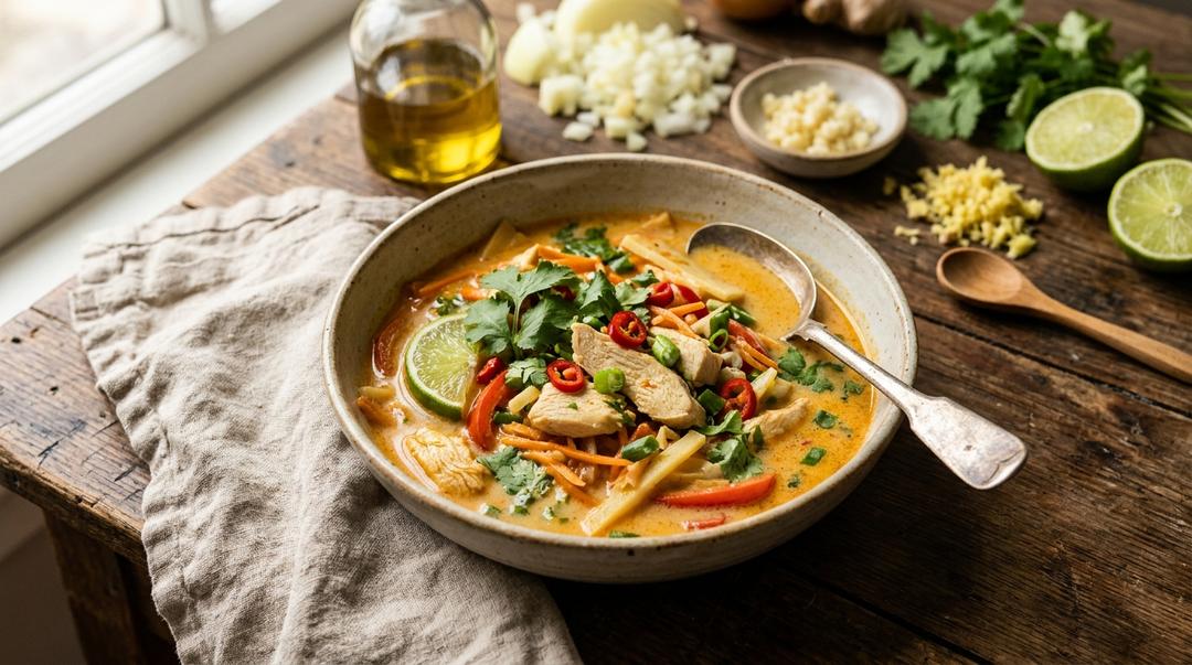 A bowl of Thai chicken curry soup with noodles, shredded chicken and fresh herbs in a creamy golden broth