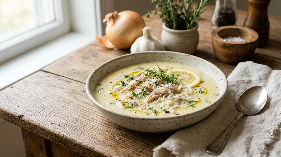 A bowl of pale, creamy Greek avgolemono soup with shredded chicken, rice and a lemon wedge
