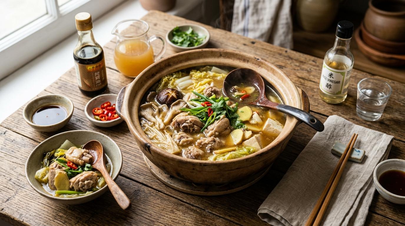 A steaming pot of Chinese chicken hot pot with sliced chicken, vegetables and clear bean thread noodles in broth