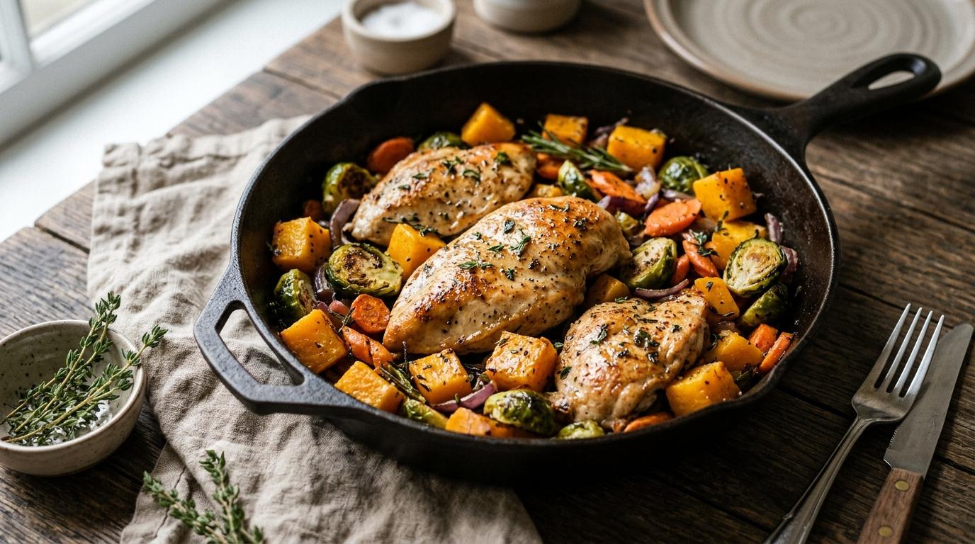 A cast iron skillet of seared chicken breasts with roasted butternut squash, Brussels sprouts, carrots and red onion