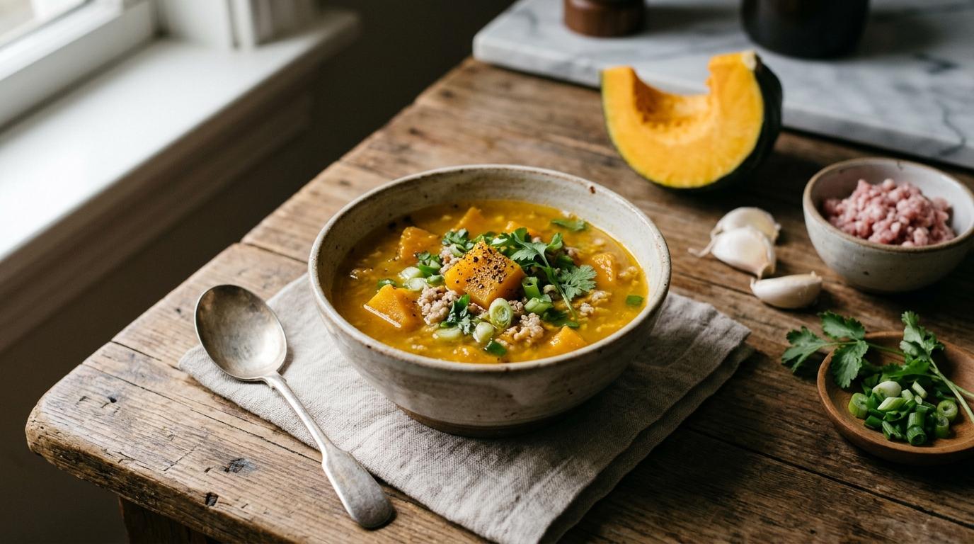 A bowl of Vietnamese kabocha squash soup with orange squash cubes, ground pork and sliced spring onion in clear broth