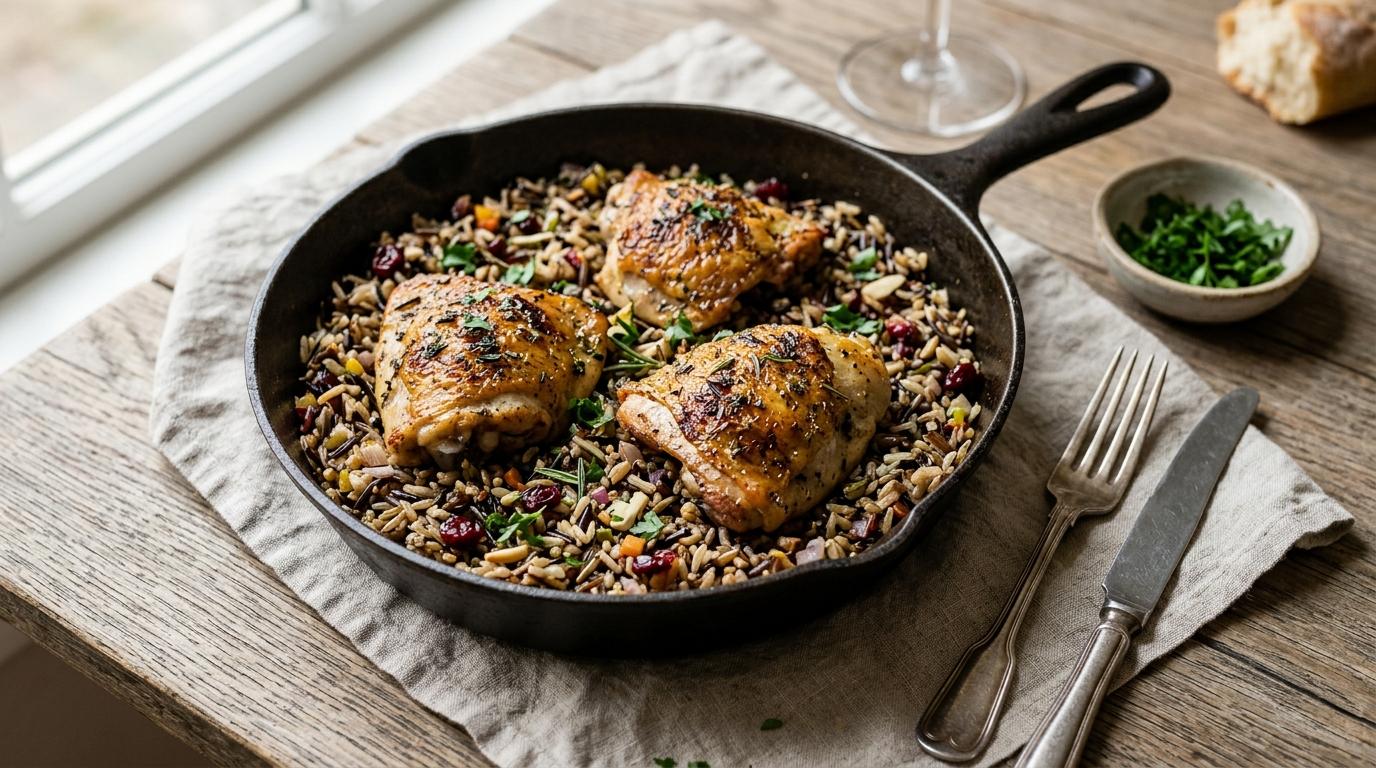 A casserole dish of roasted herb chicken thighs with golden skin set over wild rice and vegetables
