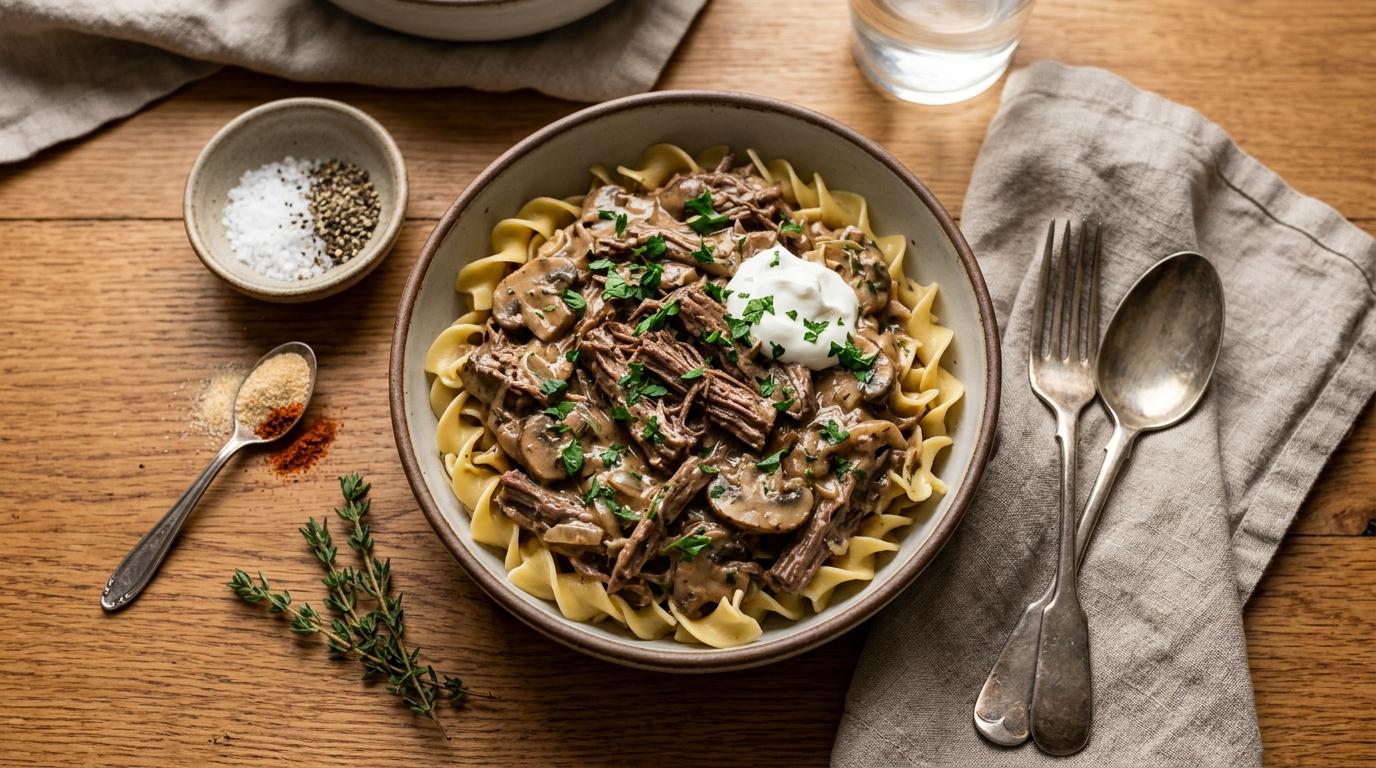 A bowl of creamy beef stroganoff with tender chunks of braised chuck roast and mushrooms over egg noodles
