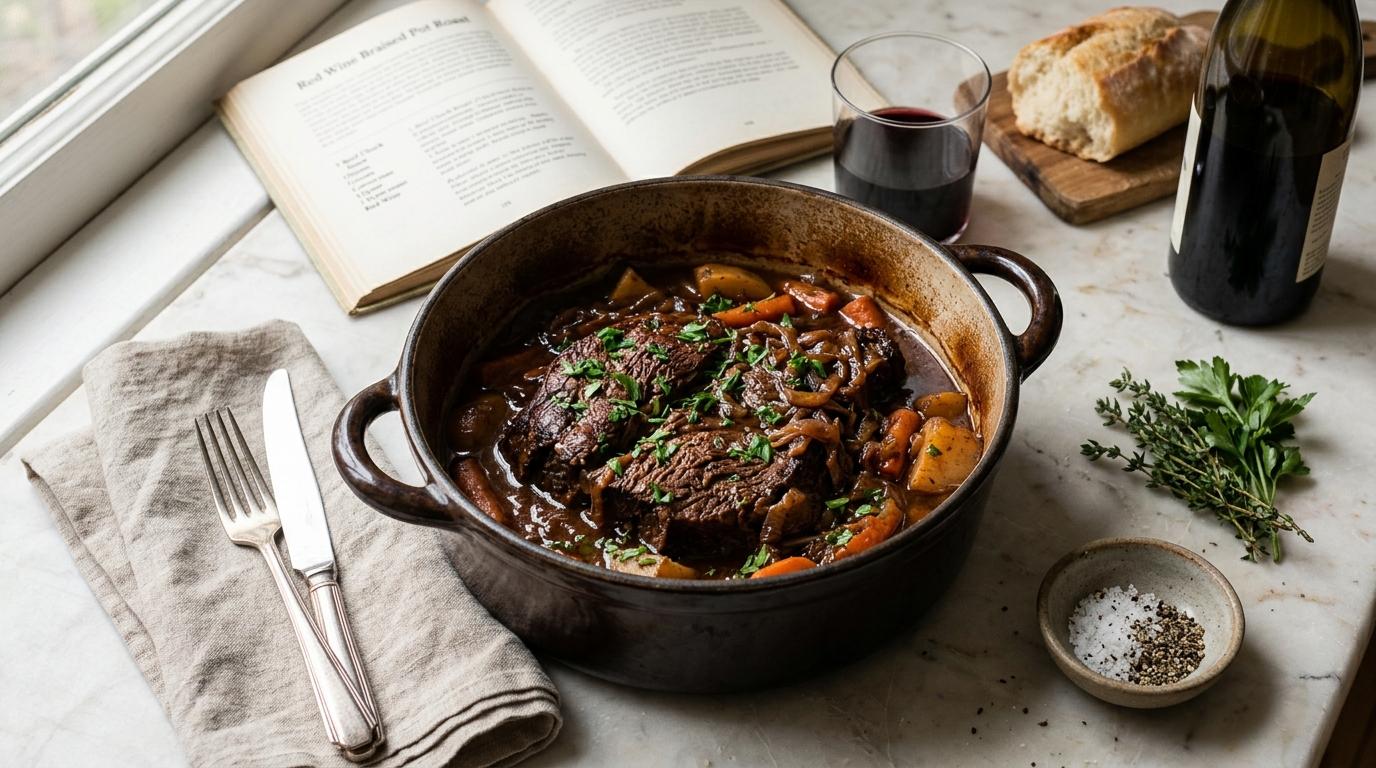 A pot of red wine braised pot roast with carrots and onions in a glossy dark gravy