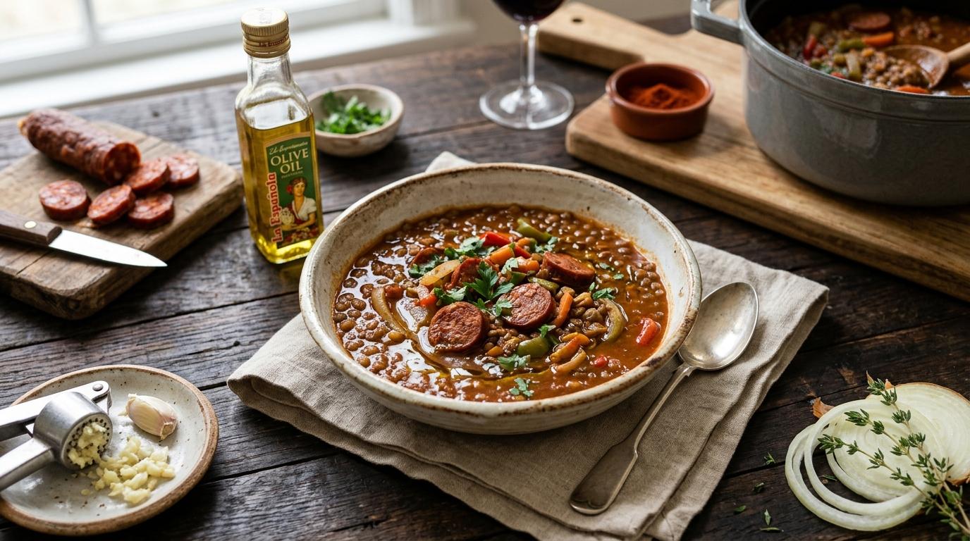 A bowl of Spanish lentil stew with slices of chorizo, carrots and potato in a rich orange-brown broth