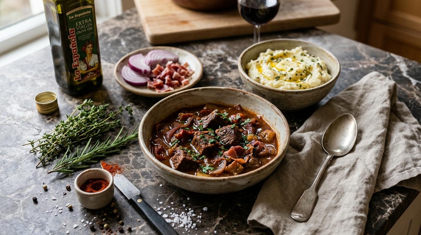 A bowl of dark red beef and pimenton stew ladled over creamy garlic mash and scattered with parsley