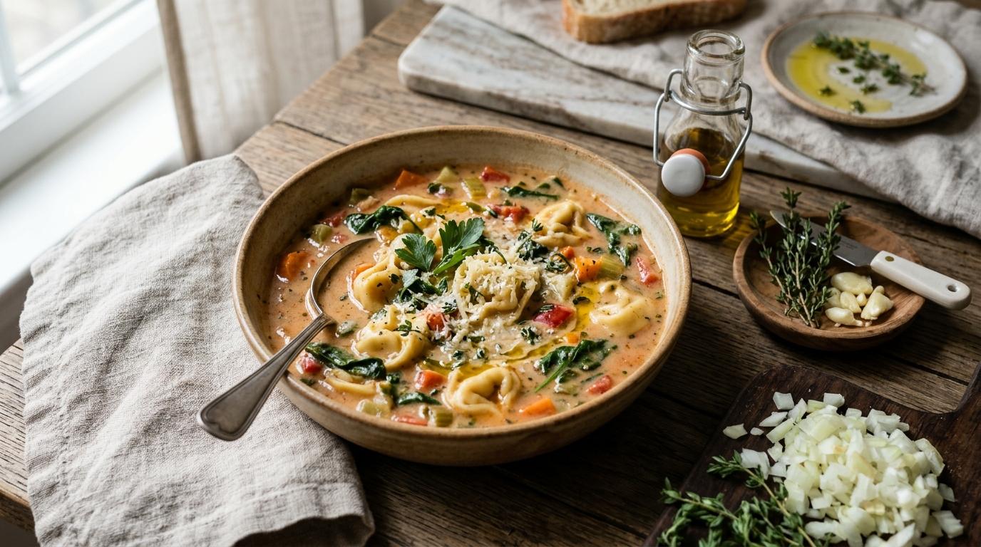 A bowl of creamy tortellini vegetable soup with kale and parmesan