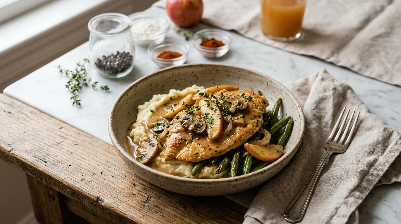 A skillet of golden chicken smothered in creamy apple cider sauce with caramelized onions, apple slices, melted Gruyère and crispy prosciutto