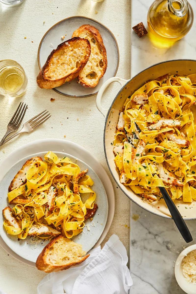 Breaded Herb Chicken with Garlicky Pappardelle photo