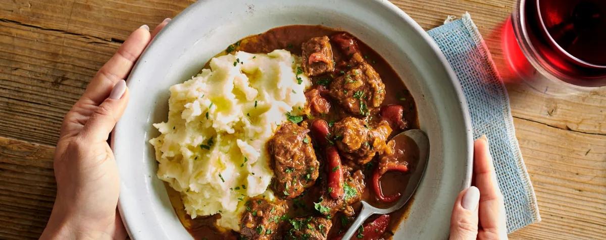 Beef and pimenton stew with truffle oil and garlic mash